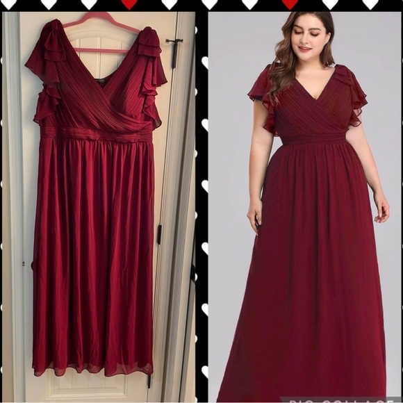 EVER❤️PRETTY Plus Size Ruched Bodice Formal Evening Dresses with Ruffles Sleeves - Picture 1 of 7